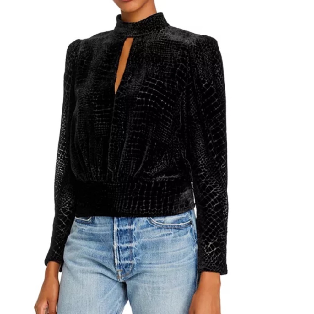 Frame puff sleeve velvet burnout sheer python snake texture top in black. Medium